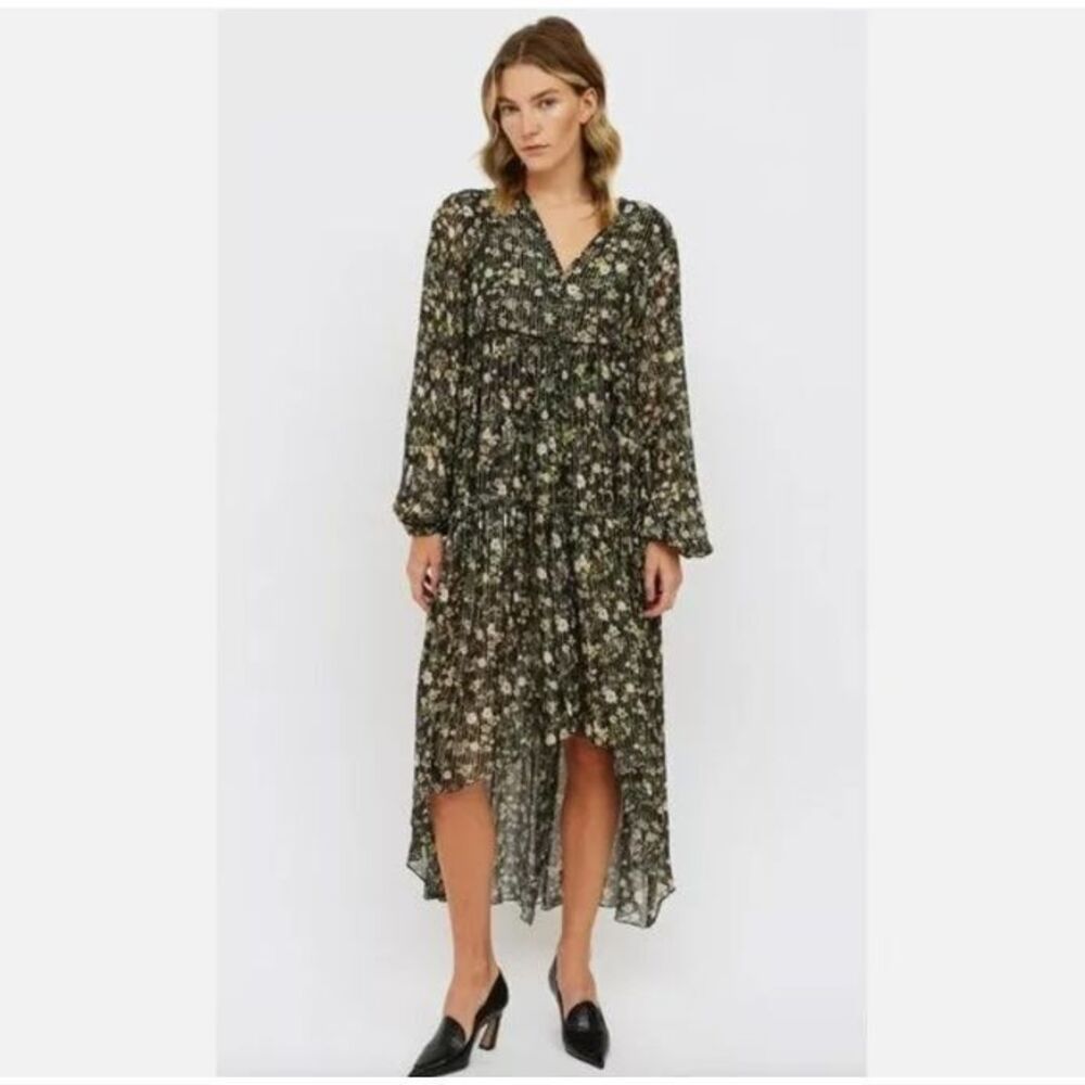 Rococo Sand X Revolve‎ Dress Womens S Green Floral Gold Metallic Holiday Hi-Low